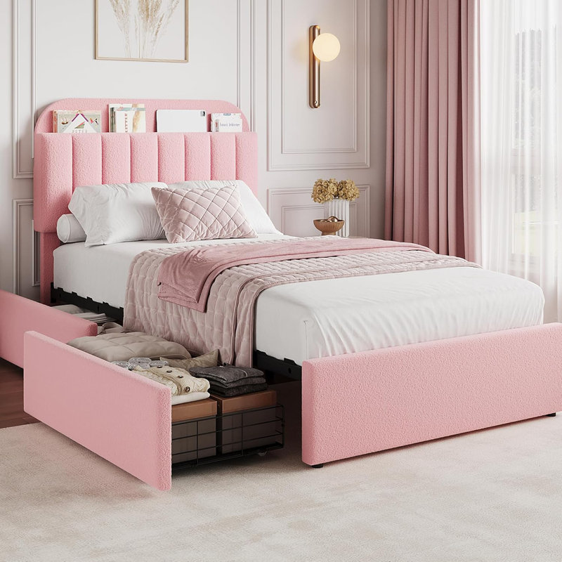 Cadre de lit avec tête de lit avec rangement, cadre de lit avec 2 tiroirs, Lit simple, Rose
