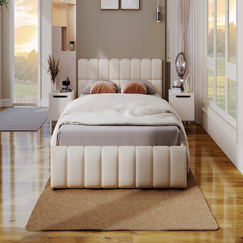 Lit tapissier élégant en chenille beige avec motif damier, très grand, beige