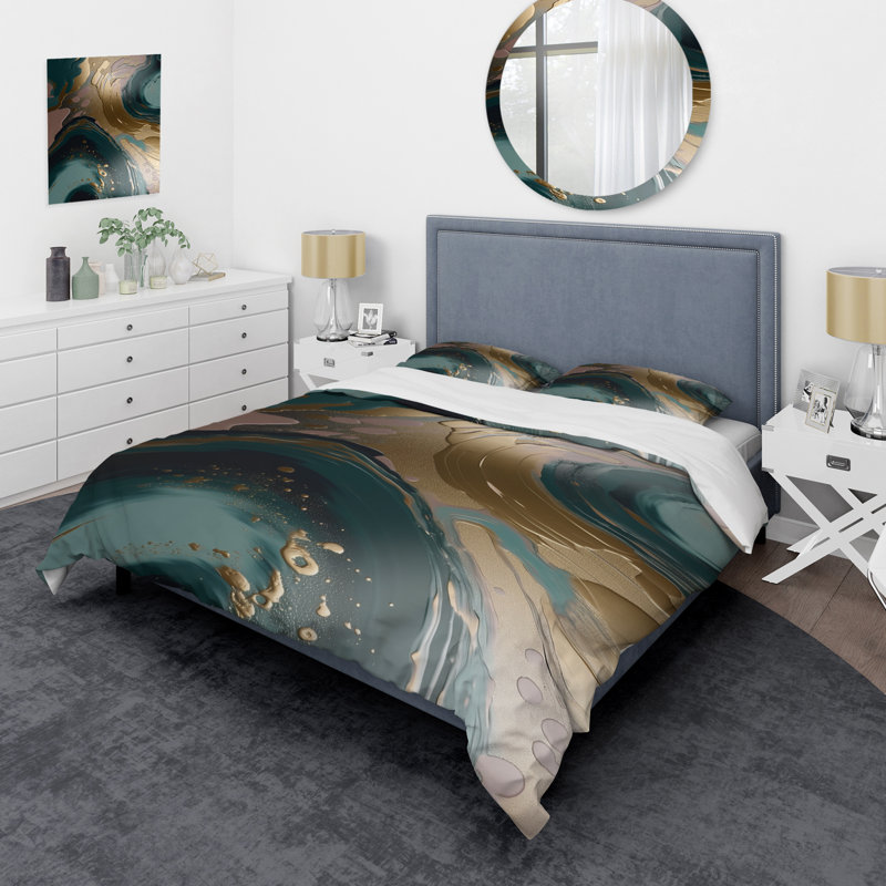 Ensemble de housse de couette en marbre abstrait doré et vert Harmony Swirls III
