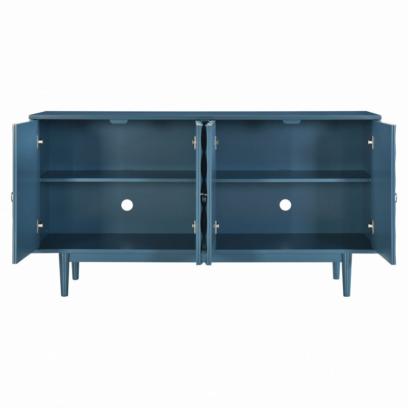 Buffet moderne à 4 portes avec portes à motif convexe et 2 poignées argentées pour le salon, la salle à manger et la cuisine (bleu marine)
