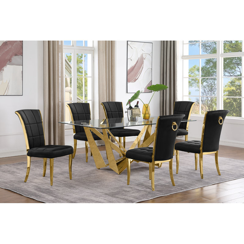 Ensemble de salle à manger rectangulaire L 78 po x l 42 po Kennise, 7, Crème / doré, Or