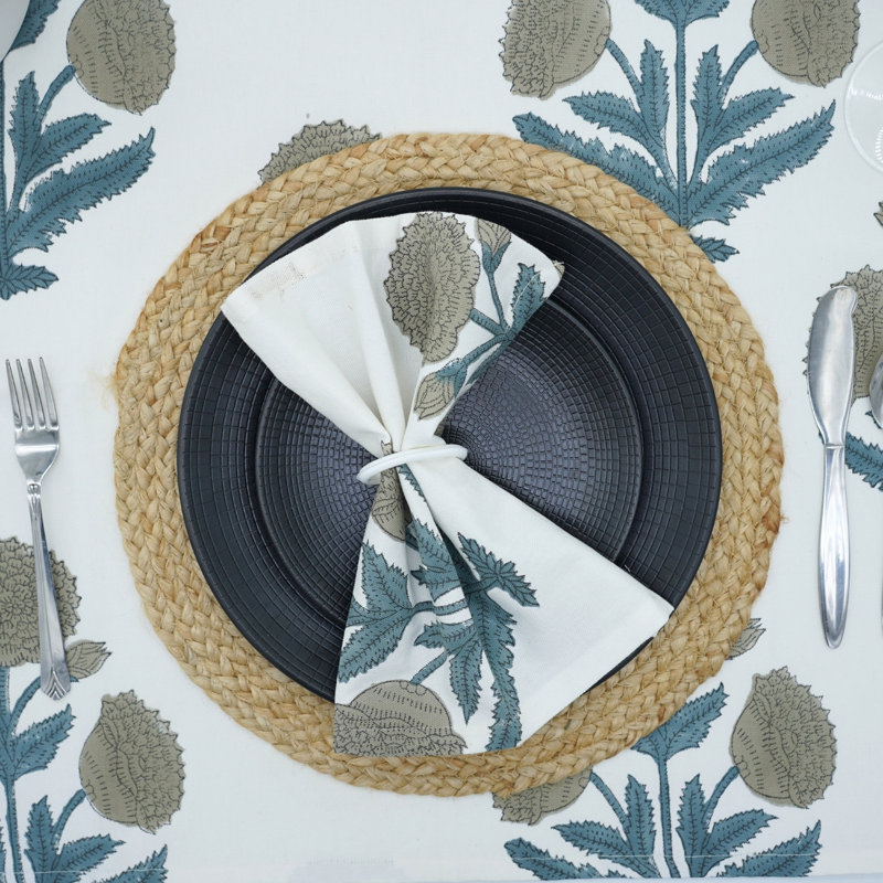 Fabdivine 18X18 Inch Floral Block Print  Durable Napkins for Daily Use, Badshah, Gray