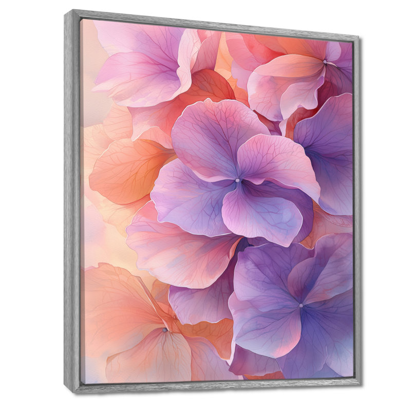 Lavande fluide, Hortensia fluide I - Hydrangea, art mural, H 40 po x l 30 po, Reproduction avec cadre flottant, Argent argent