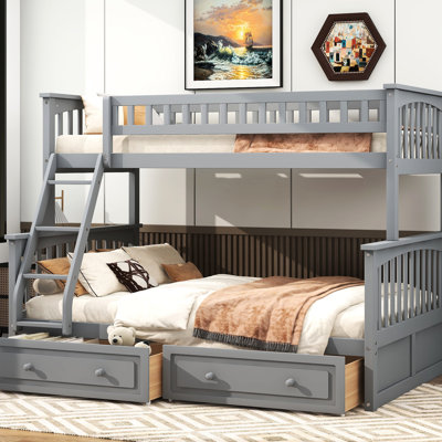 Convertible Twin Over Full Gray Bunk Bed With Drawers, Pine And Construction, Strong Design, Fence - Like Guardrails For Security, Fast Assembly Mission Structure, Shaped Project