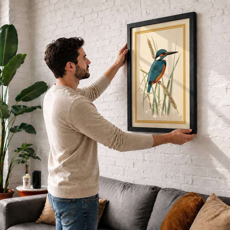 Kingfisher Among Reeds Botanical - Framed Print, A3 - 42.0 x 29.7 cm, White