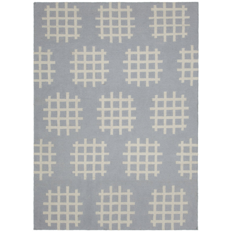 Chevella Flatweave Hand-Woven White Criss-Cross Design Gray Abstract Wool/Cotton Blend Dhurrie Rug, 7' x 10'