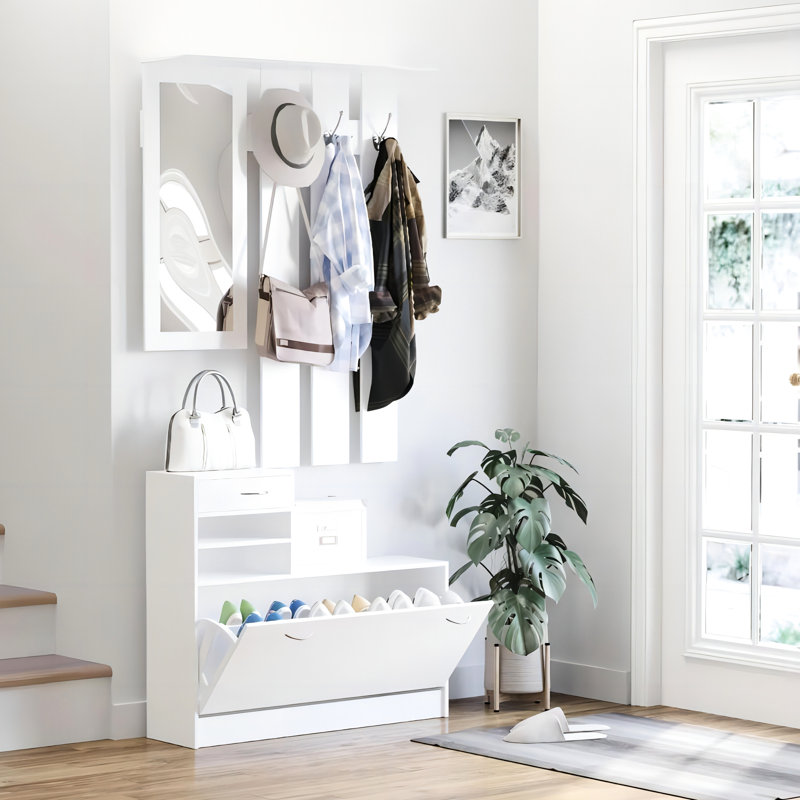 Armoire robuste avec armoire à chaussures, étagère suspendue, miroir et grand espace de rangement robuste pour chambre à coucher