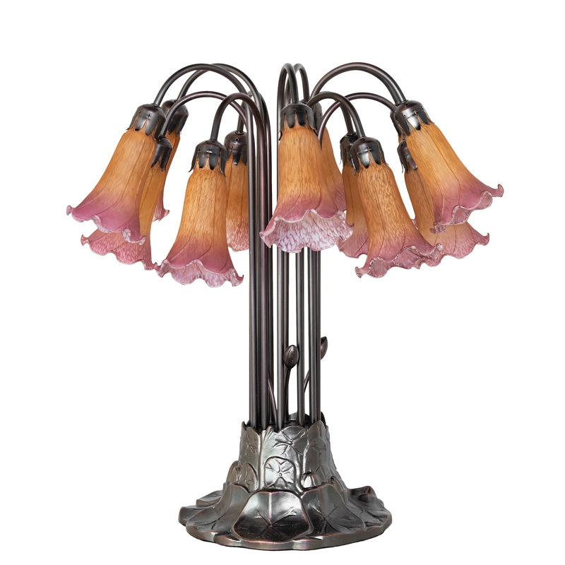 Lampe de table 12 lumières de haut ambre / mauve 24 "Tiffany Pond Lily, 24", Mauve / ambre
