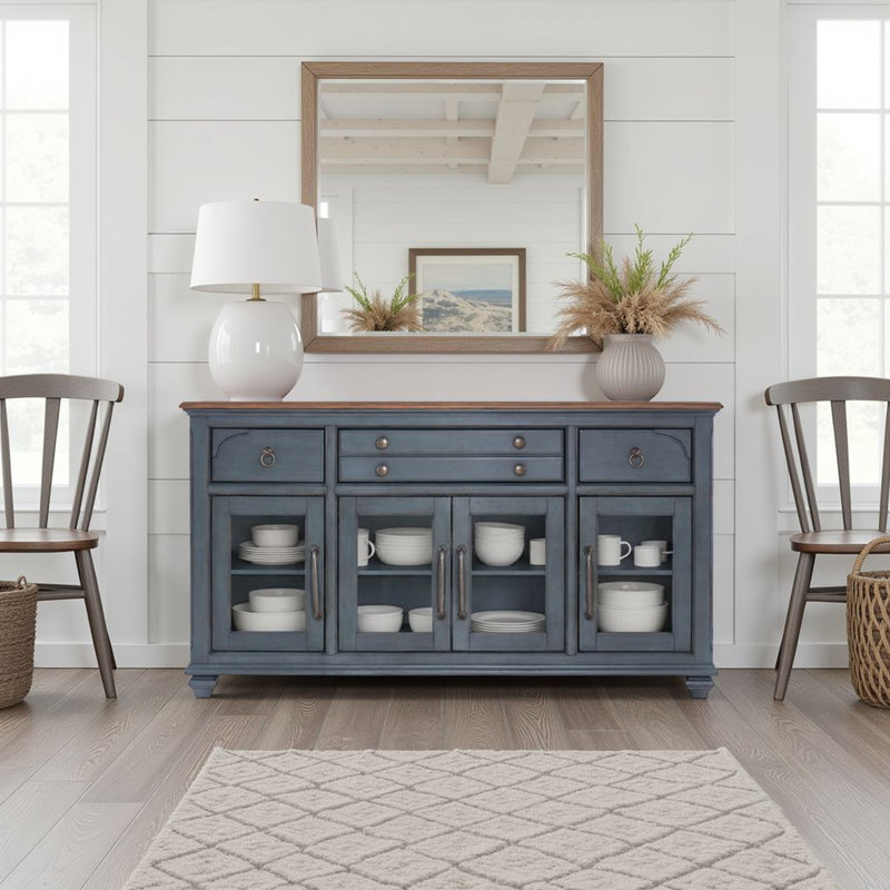 Wauneta 66" Fully Assembled Farmhouse Sideboard Buffet Cabinet, Coastal Server with Storage, Drawers & Glass Doors