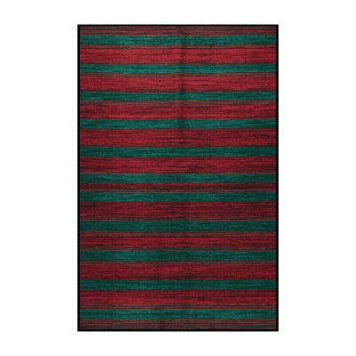 Machine Washable Horizontal Stripes Green Area Rug