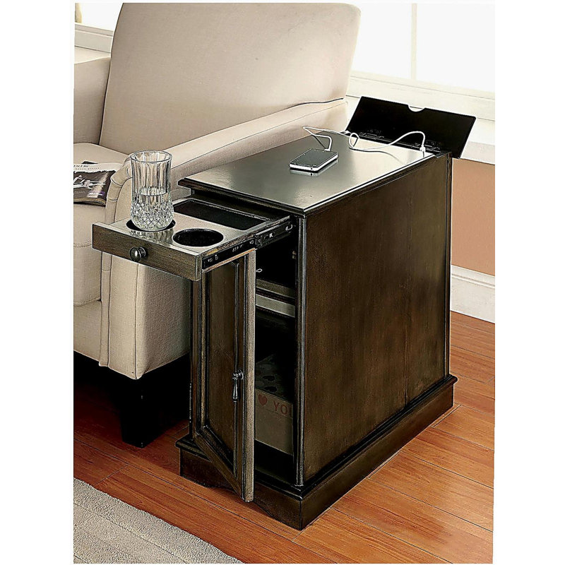 Porte-gobelet escamotable transitionnel pour armoire de table d'appoint avec prise USB intégrée, gris