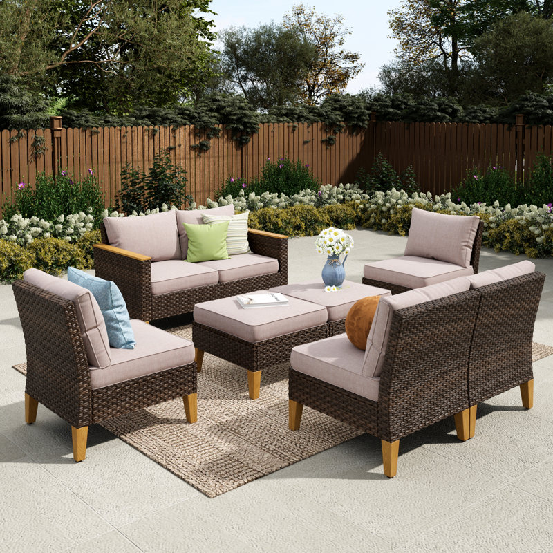 Argyri 8-Piece Wicker Outdoor Patio Conversation Furniture Sectional Set with Fire Pit Table, No, Beige