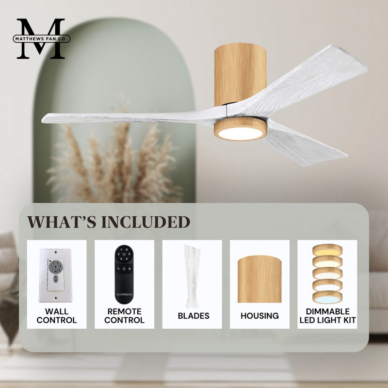 42" Irene 3-Blade Hugger Ceiling Fan with Wall Remote and Light Kit, Light Maple, 60", Matte White