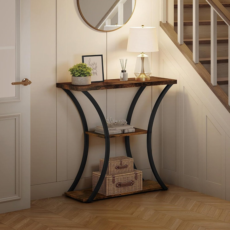 Console à 3 niveaux avec tablettes ouvertes en bois, table d'entrée en métal incurvée, table de canapé étroite derrière le canapé, table d'appoint rustique pour le couloir, le vestibule et le salon, brun et noir