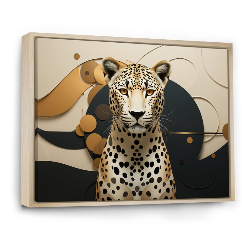 Léopard élégant géométrique - art mural léopard, Cadre naturel flottant, H 30 po x l 40 po x P 1,5 po