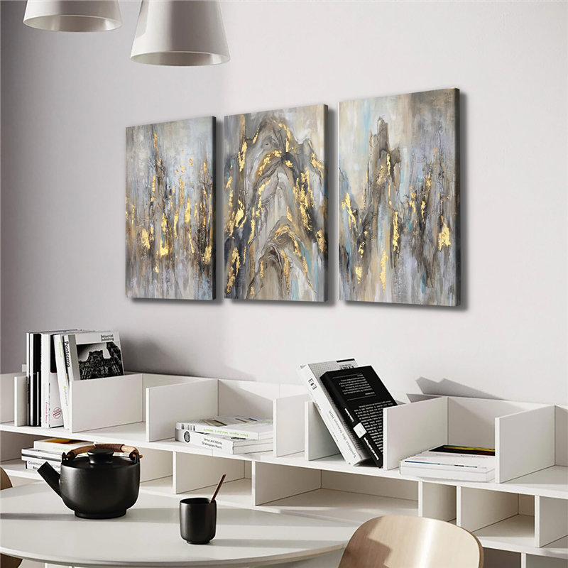 Abstrait montagne dorée abstraite, art texturé sur toile - Toile tendue avec châssis de qualité supérieure - prête à être accrochée (ensemble de 3
