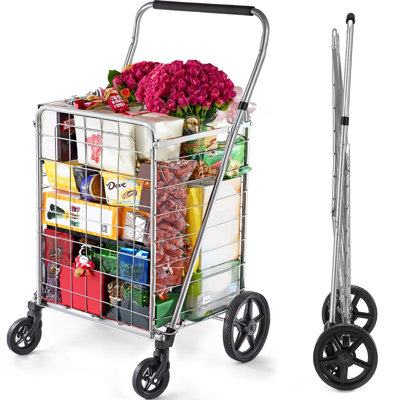 Shopping Cart With Adjustable Handle And Swivel Wheels, Heavy Duty Foldable And Collapsible Utility Cart
