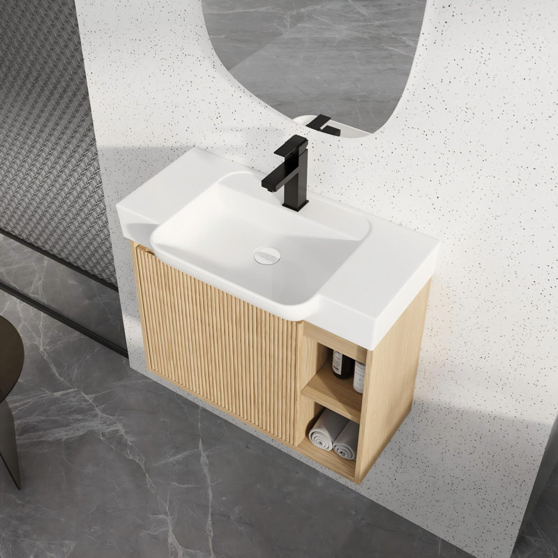 Meuble-lavabo mural 28 po avec lavabo en céramique blanche et porte à fermeture en douceur 28 po, Oak, 27"