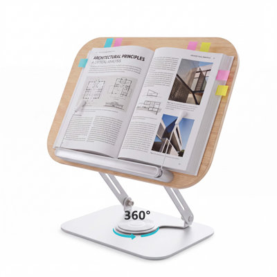 Pupitre de lecture en bois avec base pivotante à 360°, hauteur et angle réglables, support de livre avec pince à tête ronde pour livres de cuisine, tablettes, partitions et bureau, bois clair