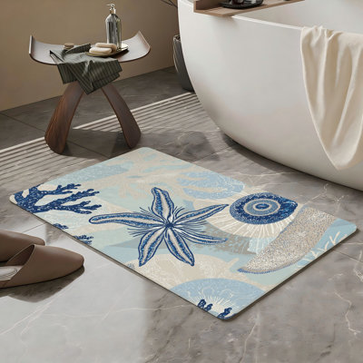 Light Blue Coral Starfish Bath Rug, 20 X 32 Inches, For Bathroom, Beach Room