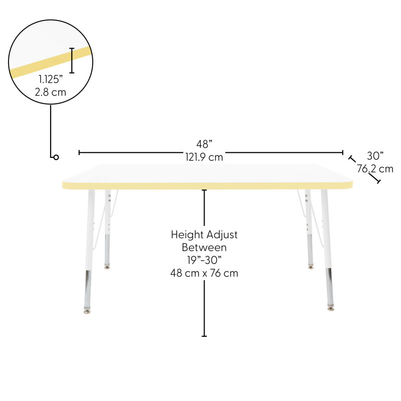 Table rectangulaire d'activités thermofusionnées avec pieds réglables et pivotants standard, H 30 po x l 30 po x P 48 po