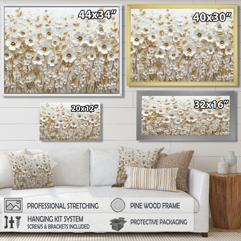 Orchidée blanche Moriyama, jardin de branches I - art mural fleurs sauvages pour le salon, H 16 po x l 32 po, Argent argent