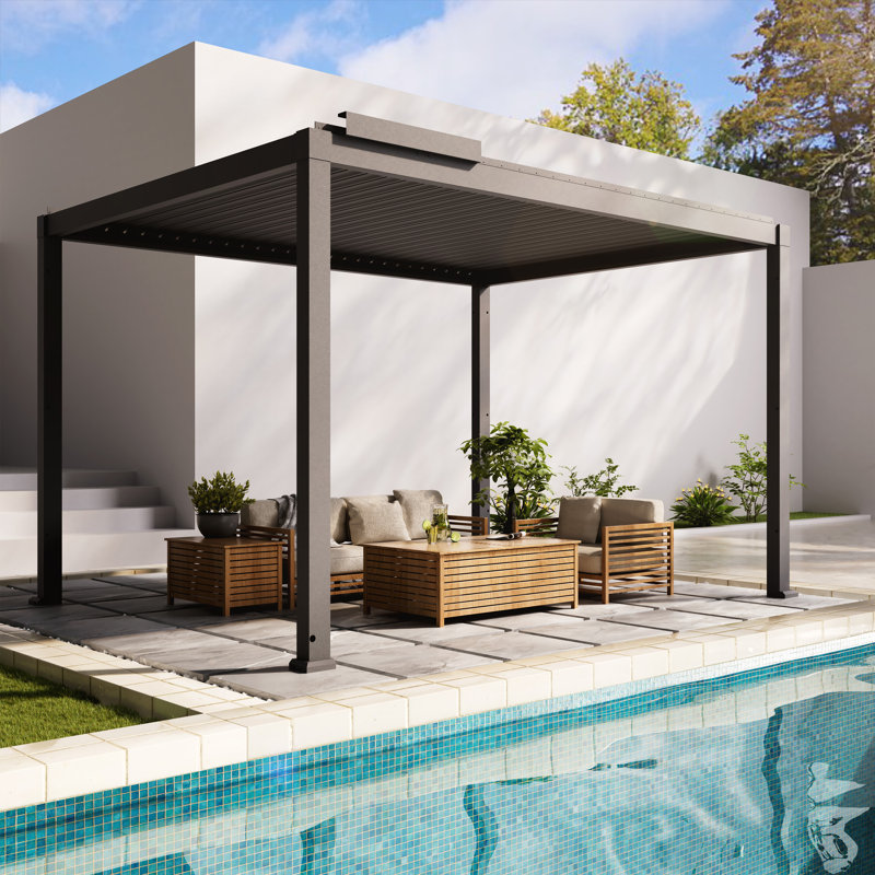 Motorized Adjustable Aluminum Louver Pergola With Integrated LED Lights, 10' x 13'