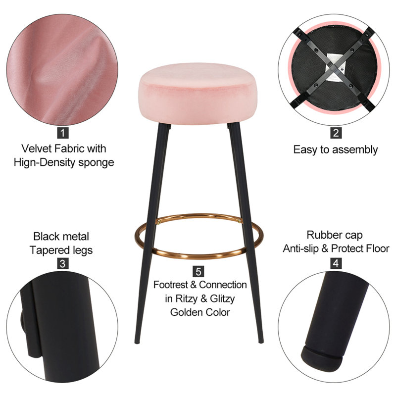 Tabourets de bar modernes en métal et en velours de 15,4 po de largeur avec repose-pieds dorés Seattle, Rose