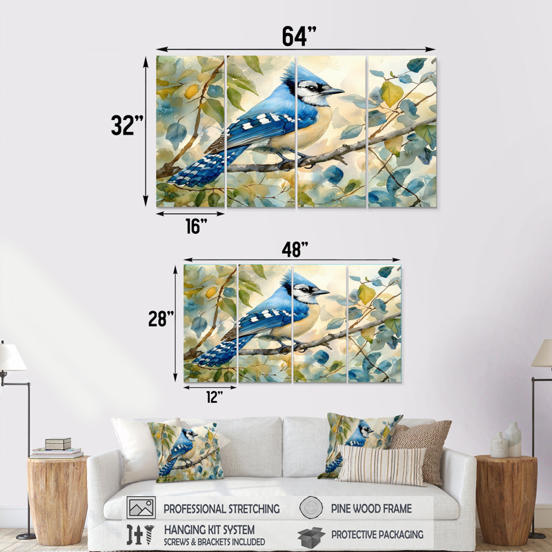 Geai bleu perché sur une branche II - oiseau, art mural - ensemble de décorations murales modernes, H 32 po x l 64 po