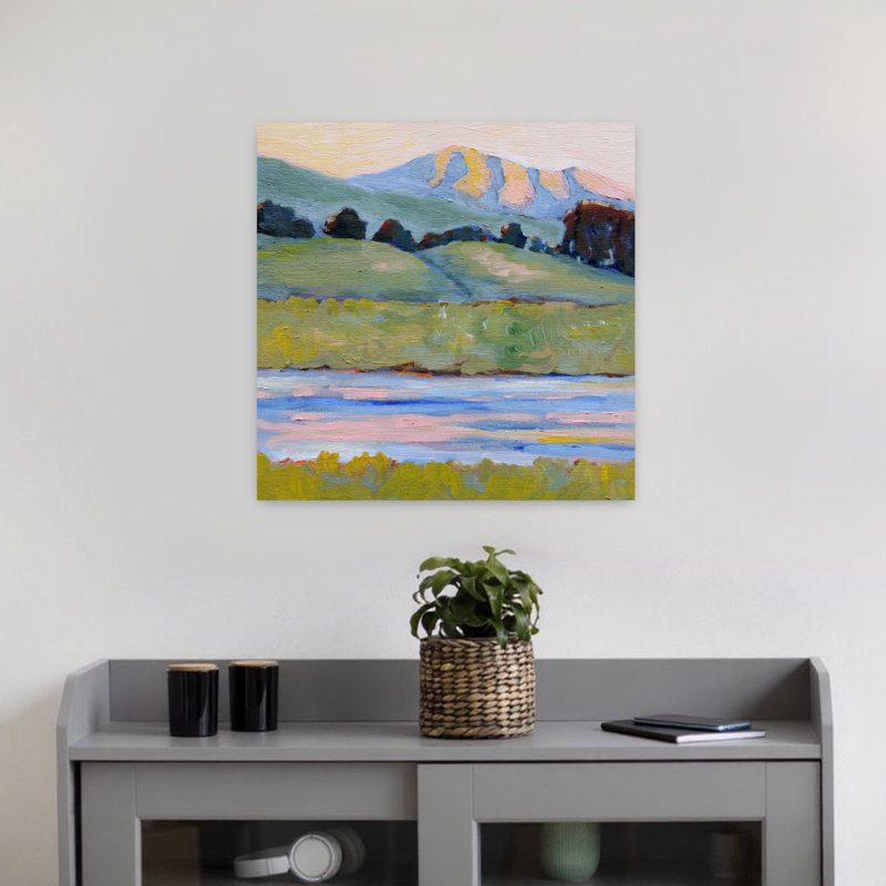 Peaceful River Mountains, paysage abstrait contemporain rustique, art mural, H 18 po x l 18 po