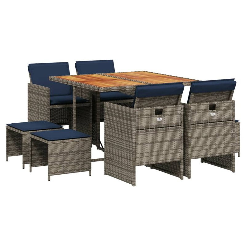 Ensemble repas de patio 9 pièces avec coussins en rotin Latitude Run®, Bleu / gris