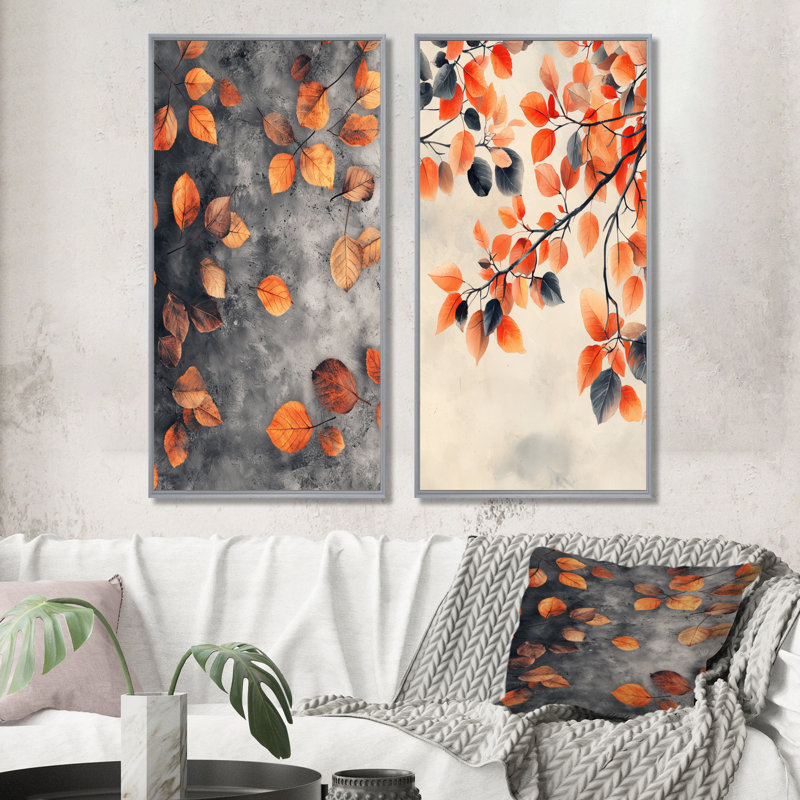Feuilles d'automne orange I - art mural floral 2 panneaux, H 40 po x l 41 po, Encadrement argenté