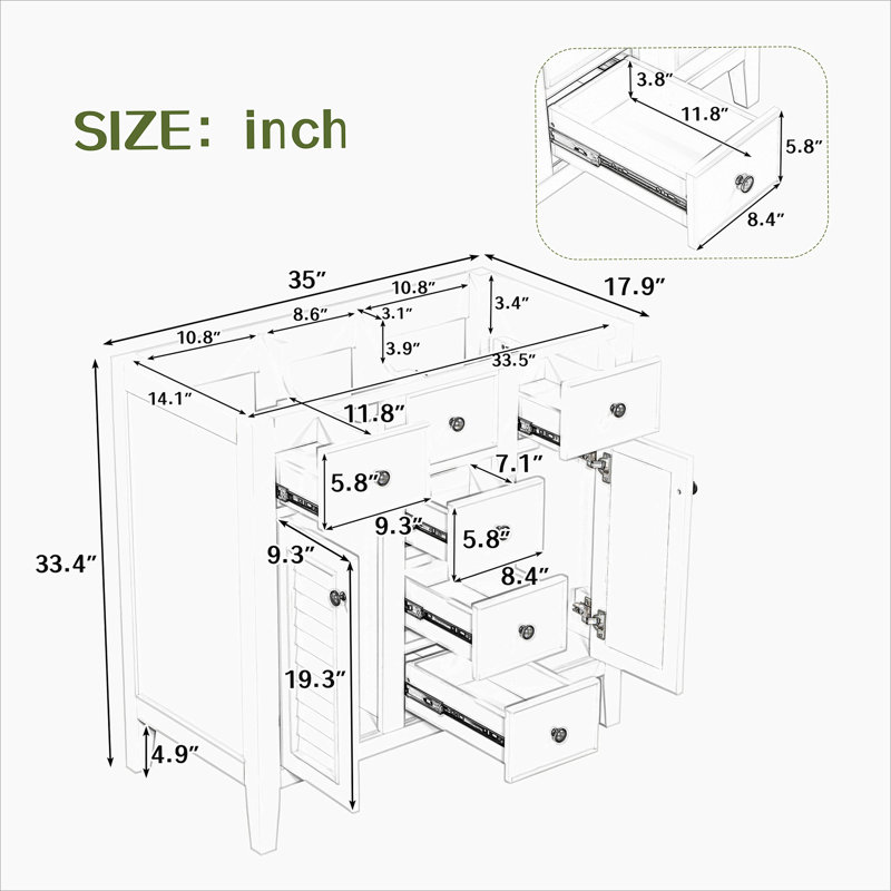 Gray 36" Freestanding Bathroom Vanity with Five Drawers