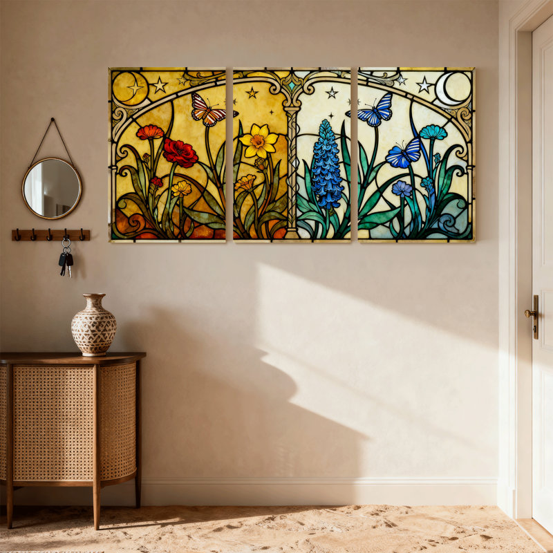 Ensemble de 3 reproductions d'art mural sur toile en vitrail, H 24 po x l 48 po