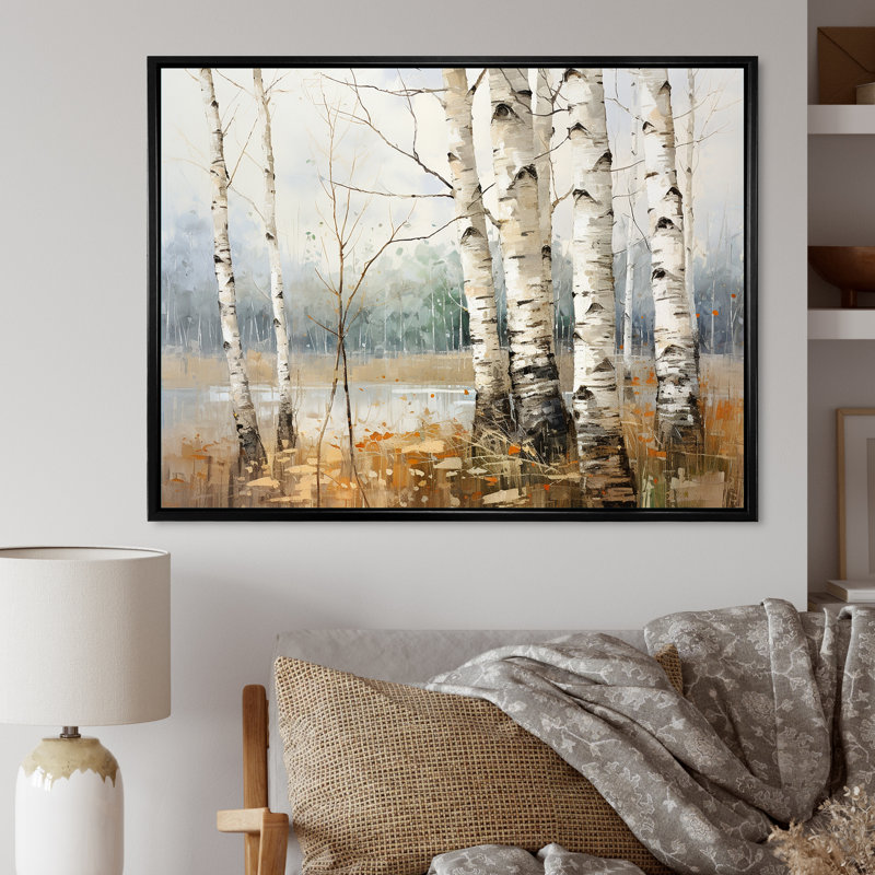 Minimalisme, arbre, bouleaux, souffle sur toile, Cadre flottant noir, H 30 po x l 40 po x P 1,5 po