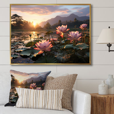 Pink Green Lotus Field With Sunset - Lotus Framed Canvas Print Wall Art