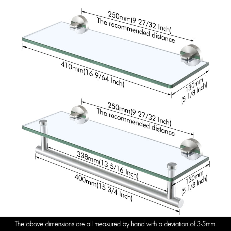 Ensemble de 2 tablettes de salle de bain en verre trempé 16 pouces à fixation murale SUS 304 en acier inoxydable