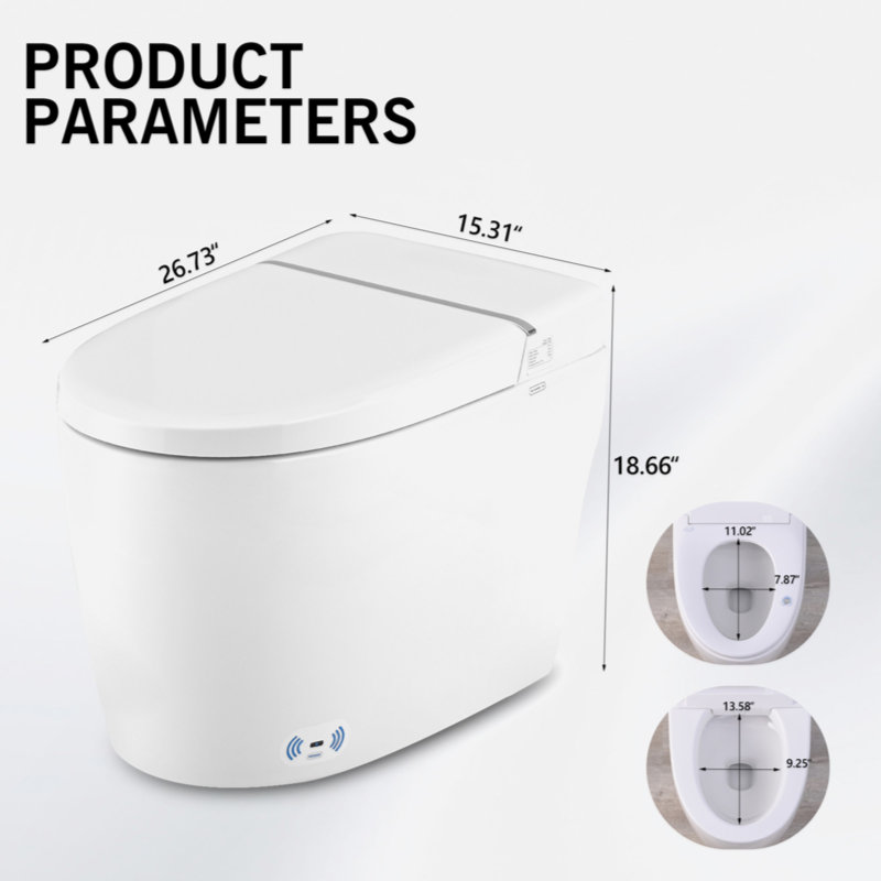 Smart Toilet Bidet Combo With Foot Sensor Open Cover/Seat, Self-Cleaning Nozzle, Heated Seat, Night Light, Knob Control, Power Outage Flushing, Soft Close, Auto Flush, With Remote Control