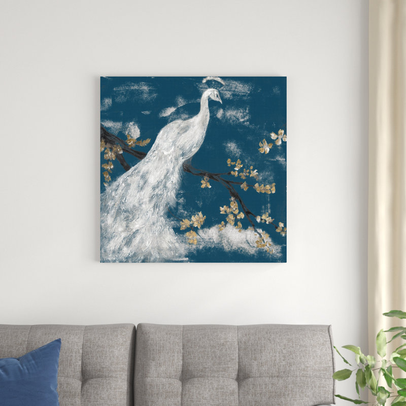 Paon blanc sur indigo I, H 30 po x l 30 po