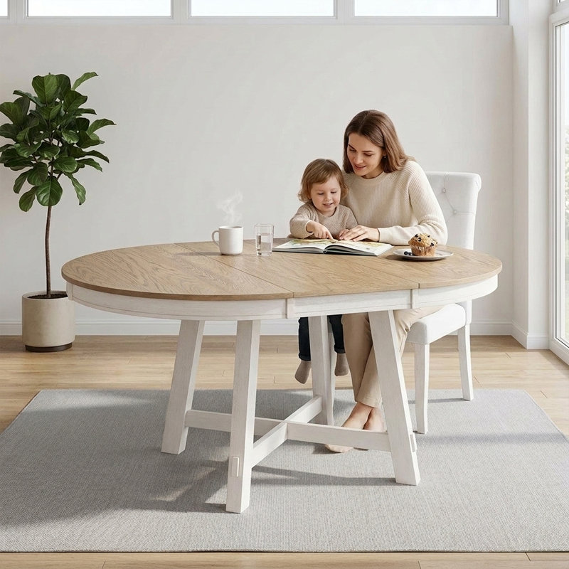 Table de salle à manger ronde rustique avec plateau extensible à lattes – Table de cuisine de style campagnard
