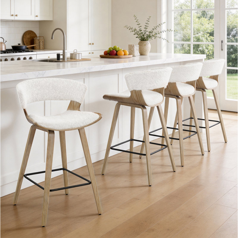 Binni 26.97" Boucle Upholstered Counter Bar Stool With Solid Wood Frame (Set of 4), Off-White