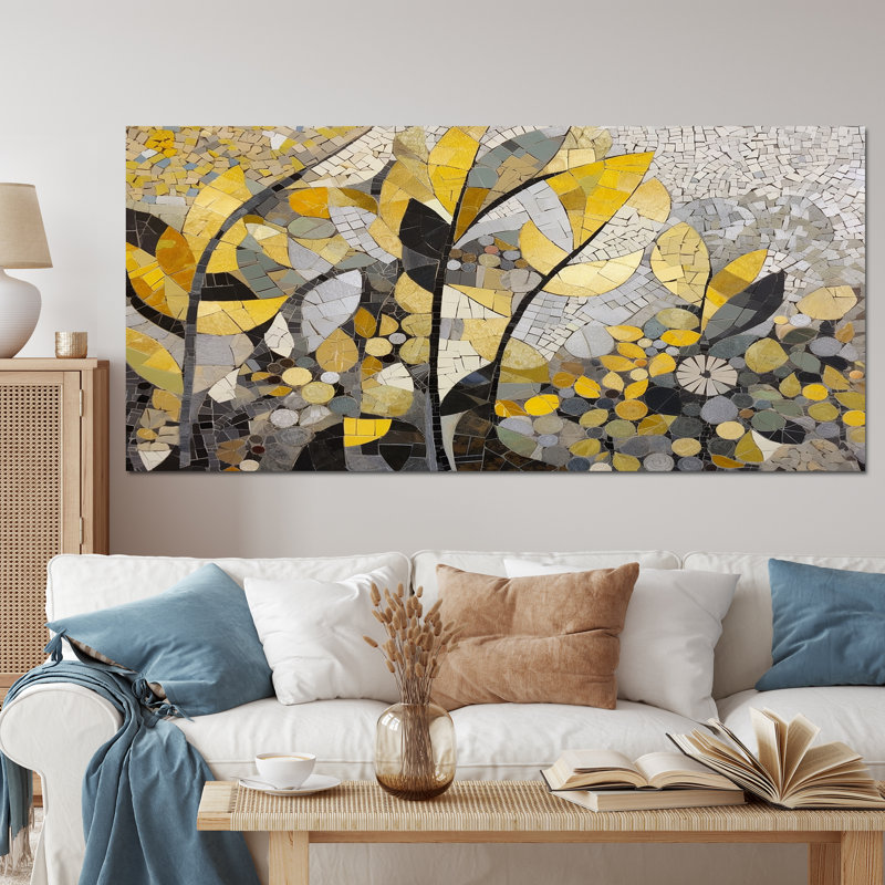 Begie, motifs jaunes et gris en fusion artistique - art mural mosaïque bohème, Toile tendue, Sans cadre, H 28 po x l 60 po