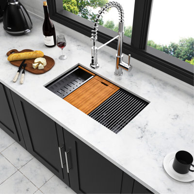 Gunmetal Black Workstation Sink, 28X18x10, 16 Gauge Stainless, Strong And , Silent Operation, With Installation Instruction, Colander Soundproof Pad Undermount 28X18x10 Inch, 16G Versatility, Clean