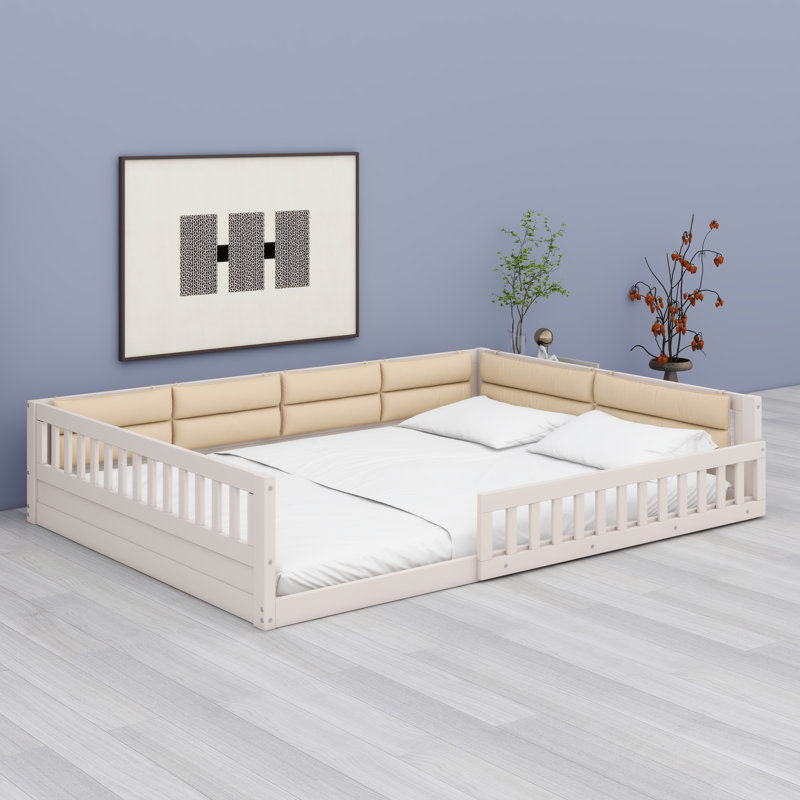 Upholstered Platform Bed Frame with Safety Guardrail, Beige