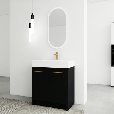 Meuble-lavabo autoportant en châtaignier noir avec lavabo en résine et porte à fermeture douce - sans problème