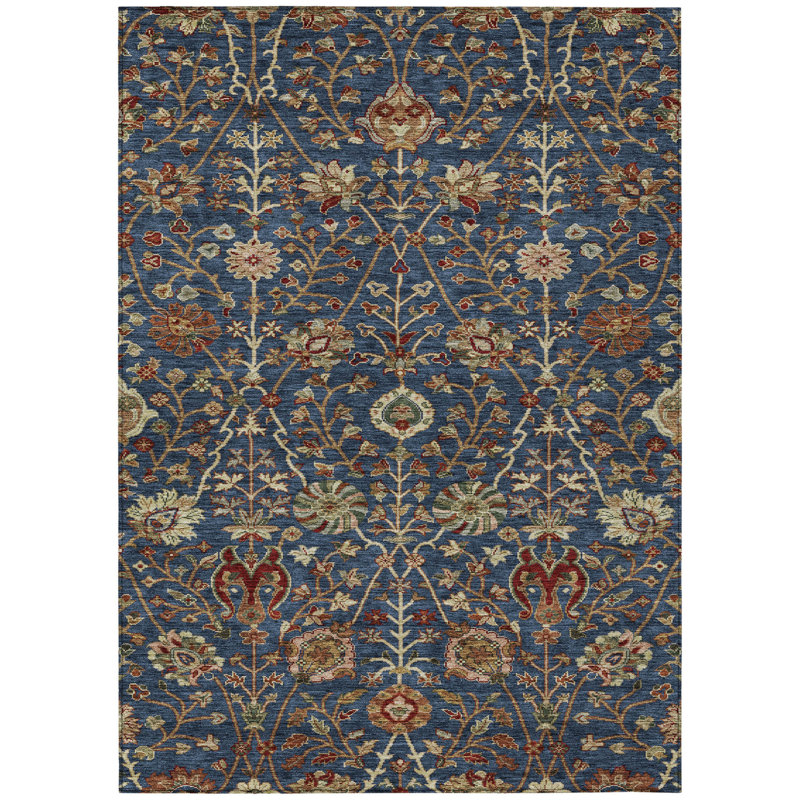 Tapis extérieur lavable floral 9 pi x 12 pi bleu marine, brun et rouge