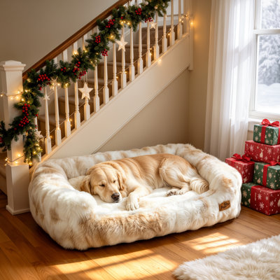 Two-Tone Plush Bolster Dog Bed with Removable Cover