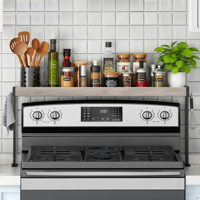 Spice Rack Shelf for Kitchen Stove, Over the Stove Shelf with 4 Level Adjustable Height, Over Stove Spice Rack with 4 hooks, (Grey + Black)