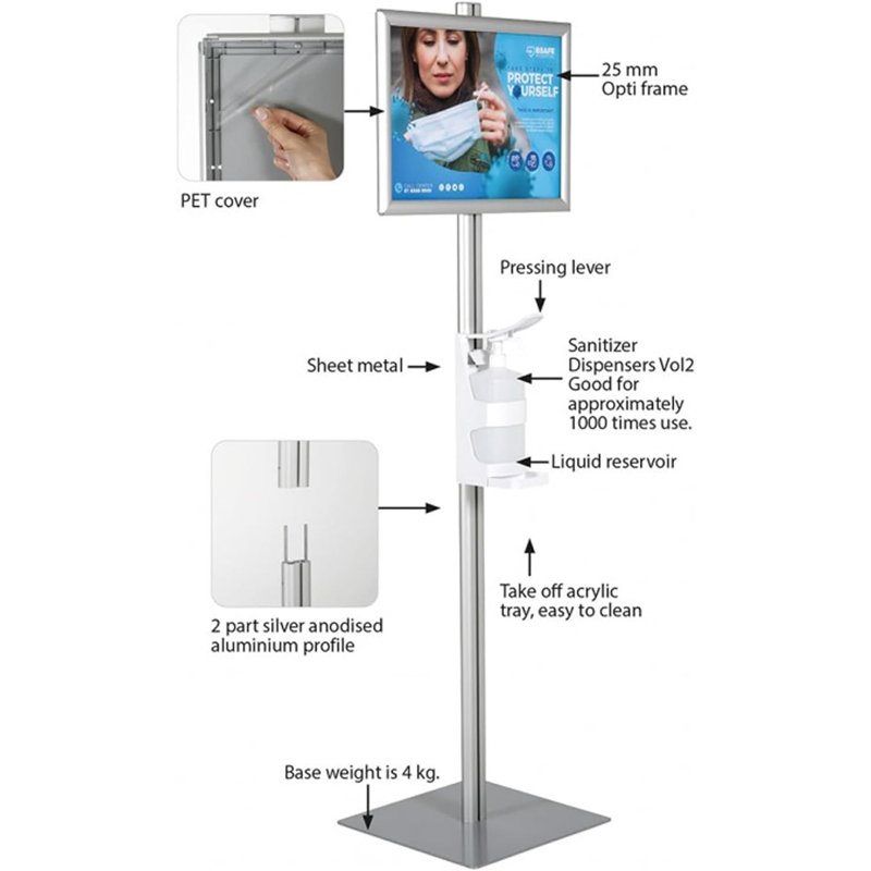 M&T Displays Floor Standing Hand Sanitizer Dispenser with 11x17 Inch Silver Opti Snap Frame