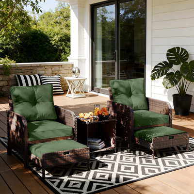 5-Piece Wicker Patio Conversation Set Outdoor Seating Group with Table and Green Cushions